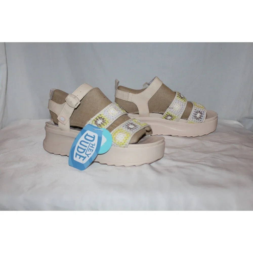 Hey Dude Women's Delray Crochet Classic Platform Sandals Egret/White US 11 NIB